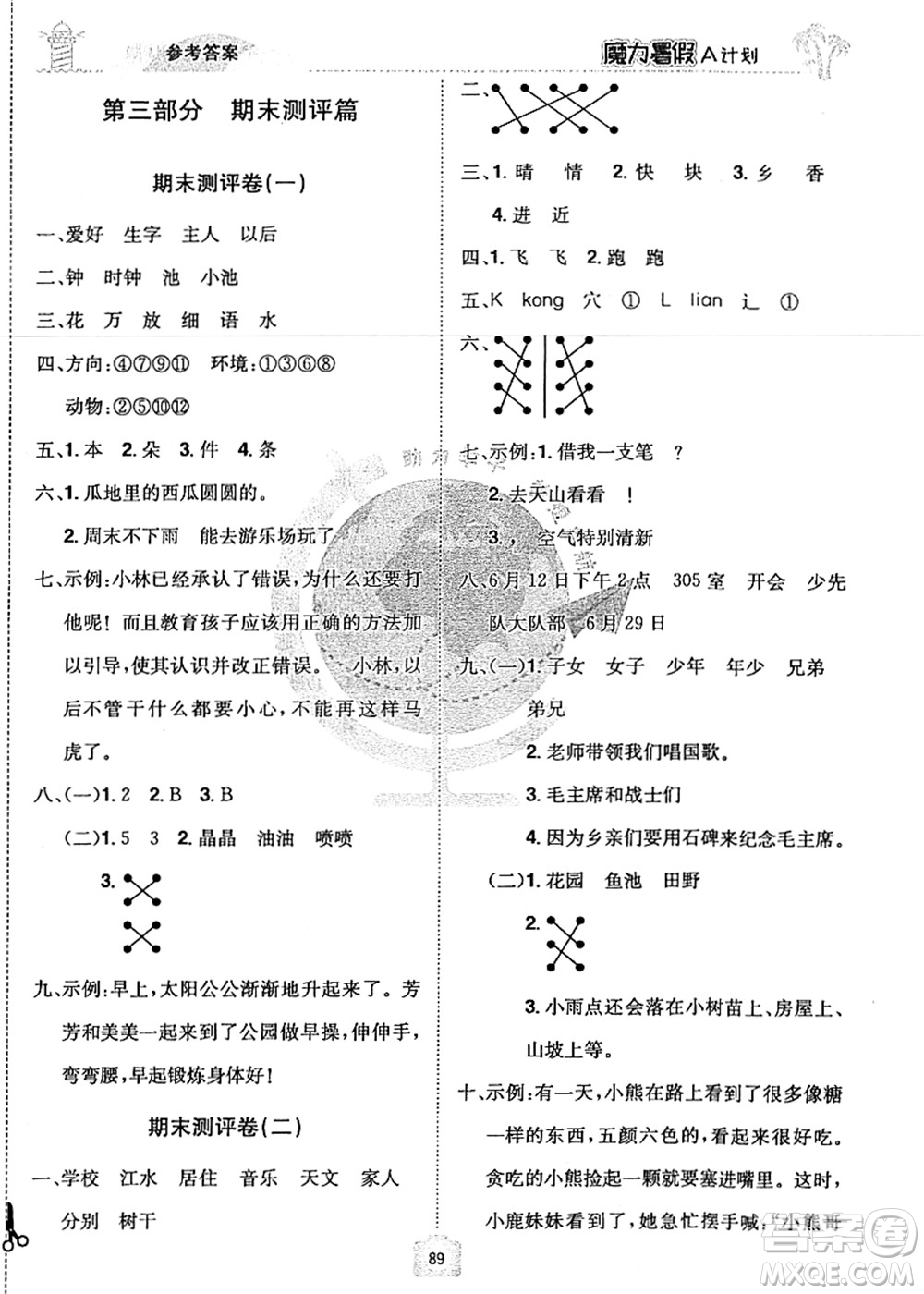 江西美術(shù)出版社2021魔力暑假A計劃一年級語文RJ人教版答案