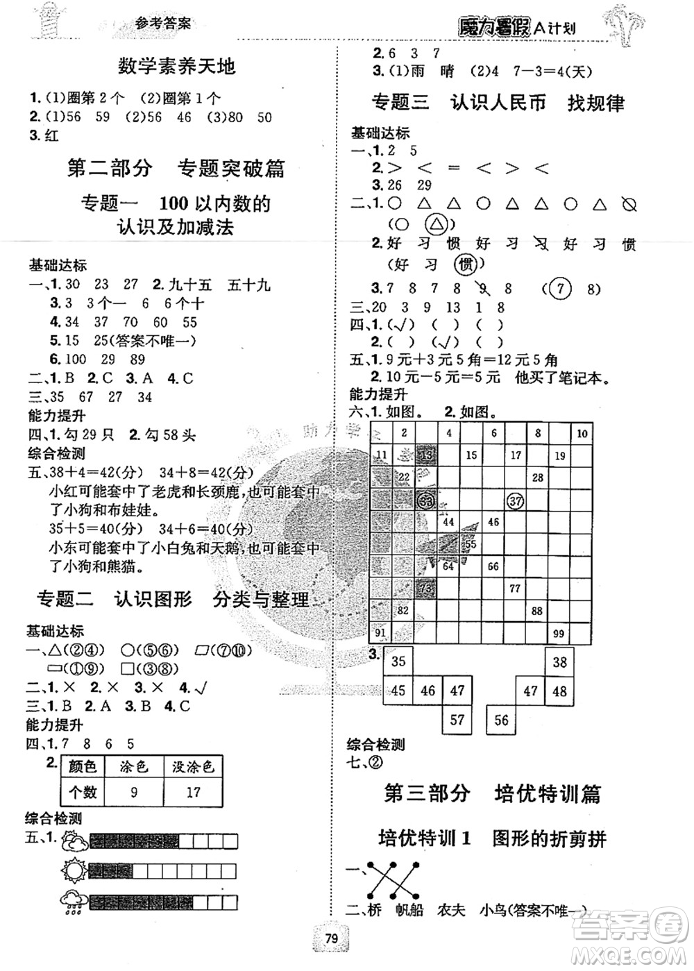 江西美術(shù)出版社2021魔力暑假A計(jì)劃一年級(jí)數(shù)學(xué)RJ人教版答案