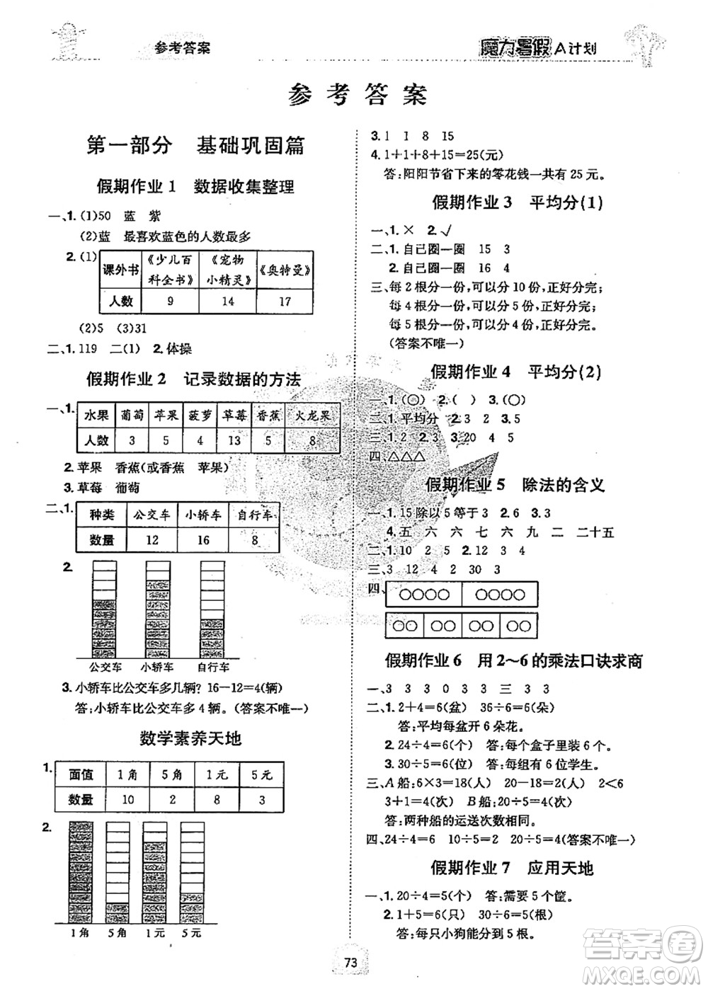 江西美術(shù)出版社2021魔力暑假A計(jì)劃二年級(jí)數(shù)學(xué)RJ人教版答案