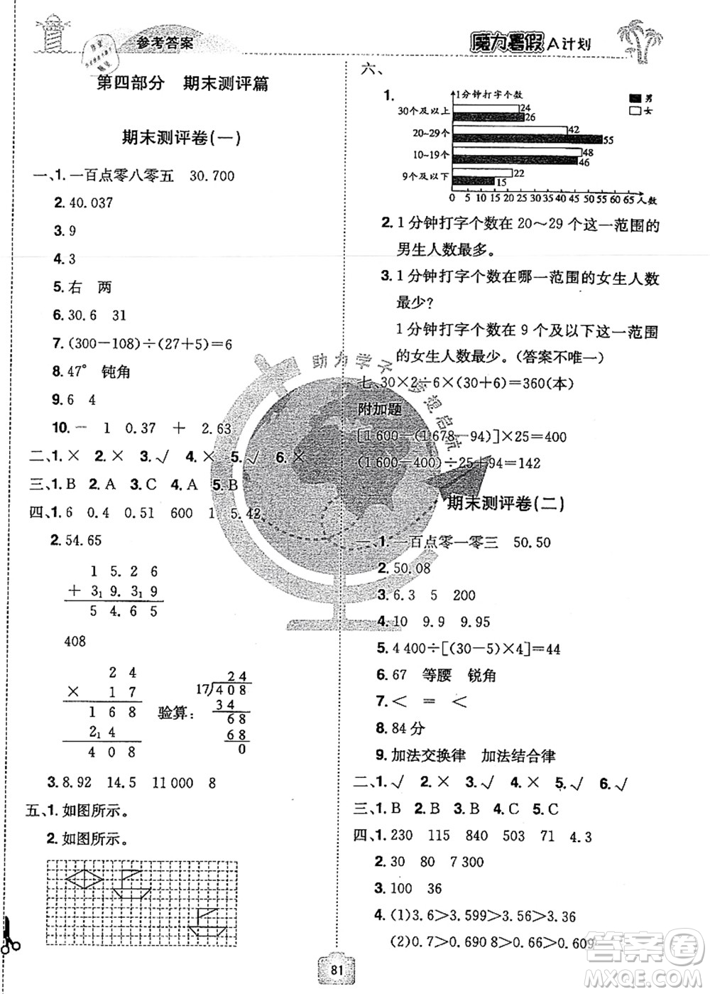 江西美術出版社2021魔力暑假A計劃四年級數(shù)學RJ人教版答案