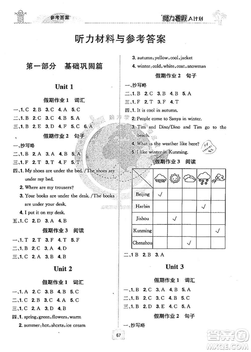 江西美術(shù)出版社2021魔力暑假A計(jì)劃四年級(jí)英語(yǔ)XS西師大版答案