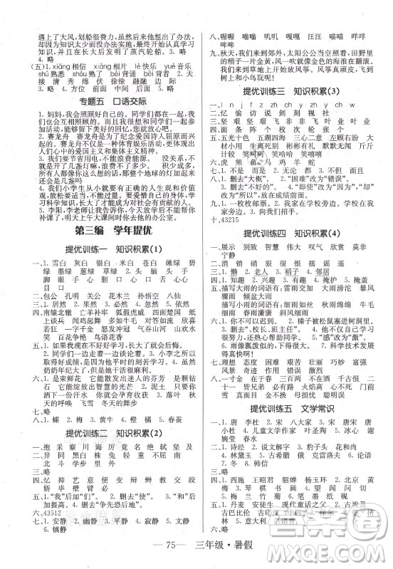 海南出版社2021高效A計(jì)劃期末暑假銜接語(yǔ)文三年級(jí)RJ人教版答案