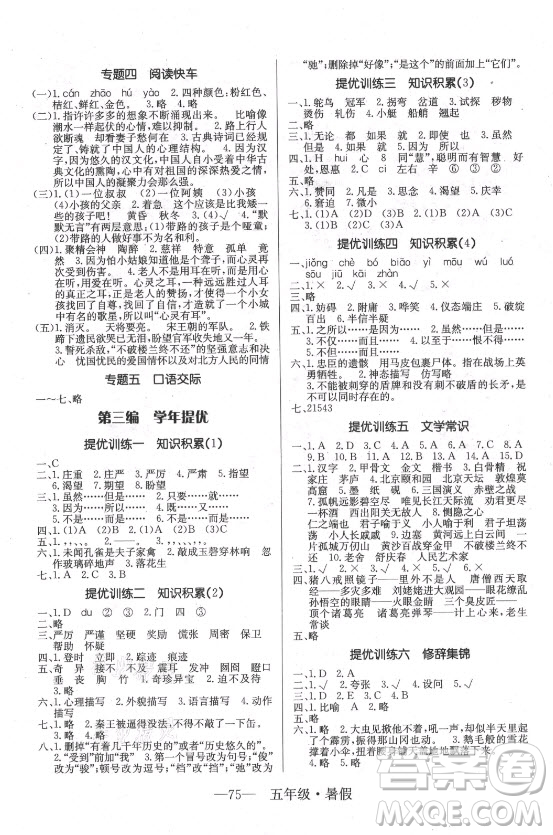 海南出版社2021高效A計(jì)劃期末暑假銜接語文五年級(jí)RJ人教版答案