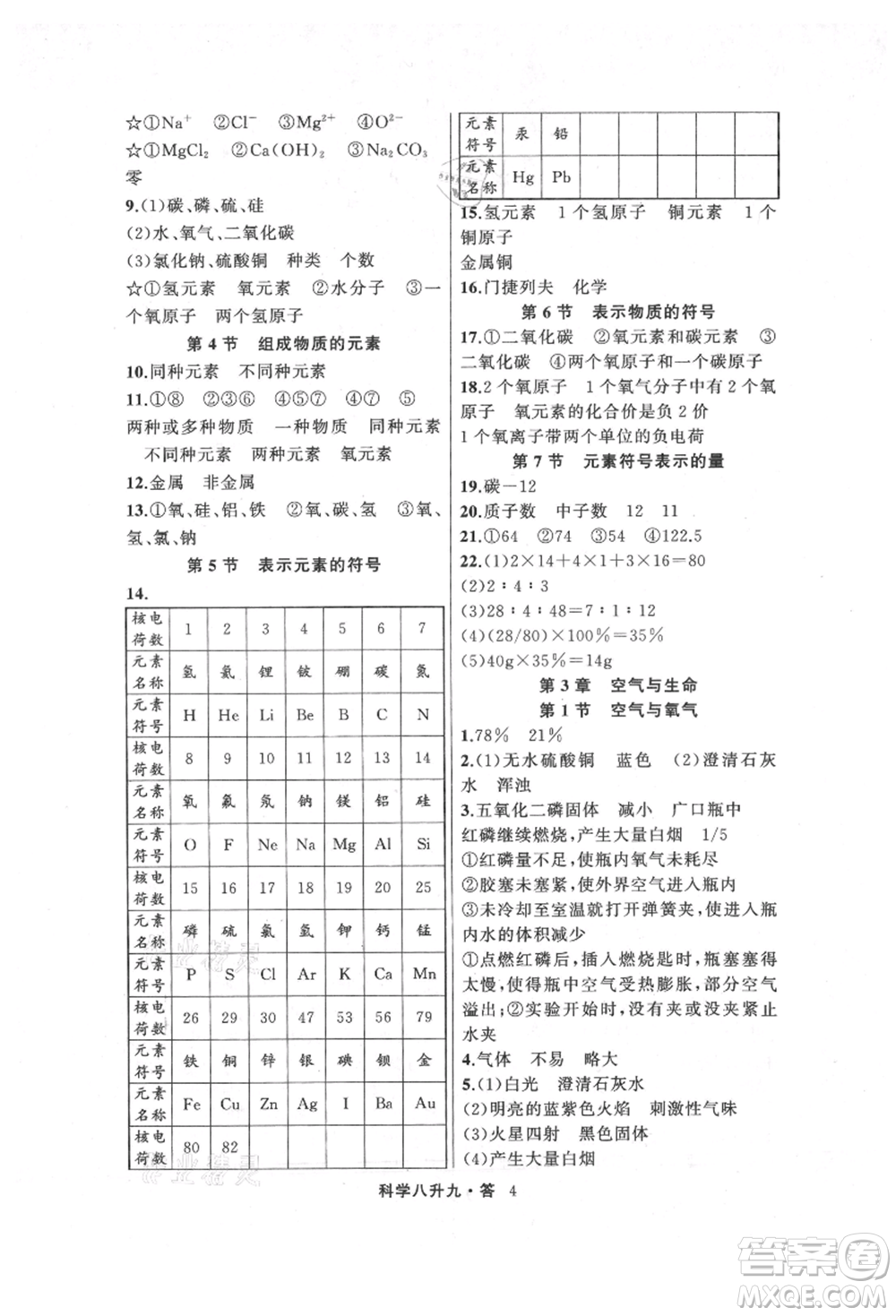 浙江工商大學(xué)出版社2021暑假銜接培優(yōu)教材八升九理科綜合科學(xué)浙教版參考答案