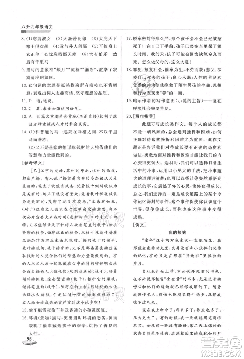 天津科學(xué)技術(shù)出版社2021暑假銜接超車道八升九語文參考答案