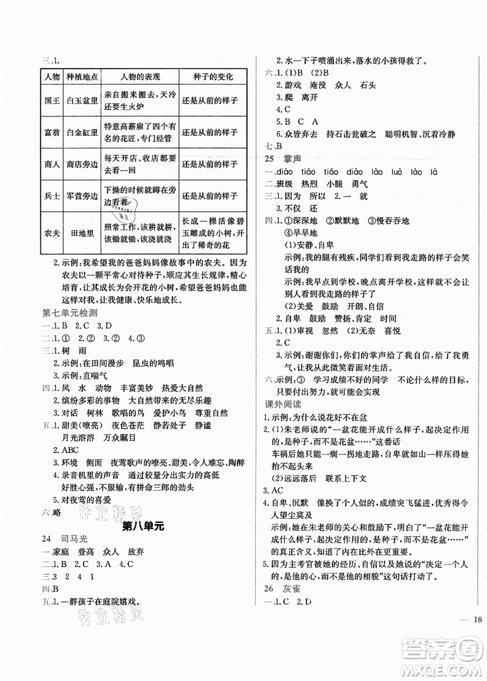 龍門書局2021黃岡小狀元作業(yè)本三年級(jí)語文上冊(cè)R人教版答案