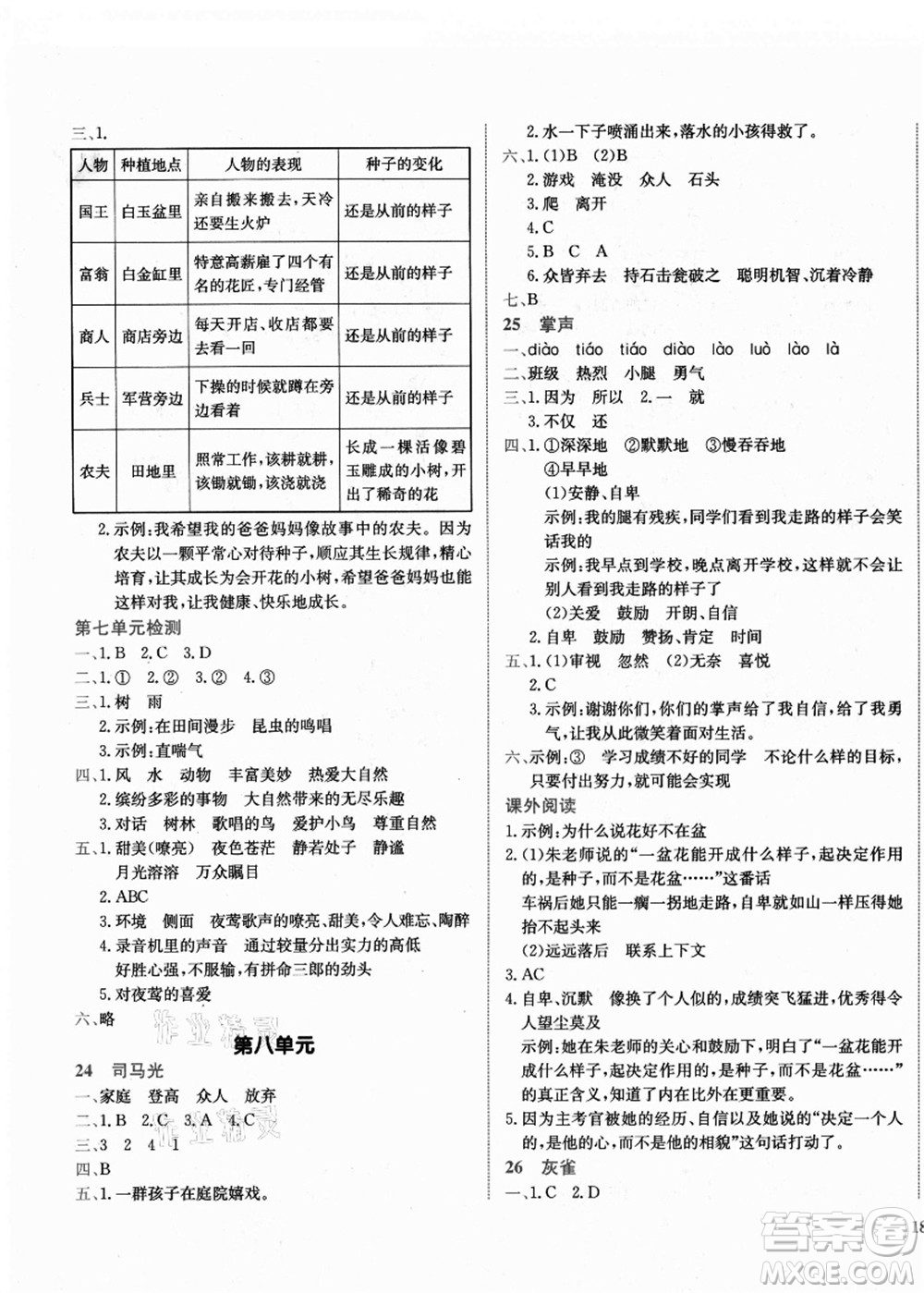 龍門書局2021黃岡小狀元作業(yè)本三年級語文上冊R人教版廣東專版答案