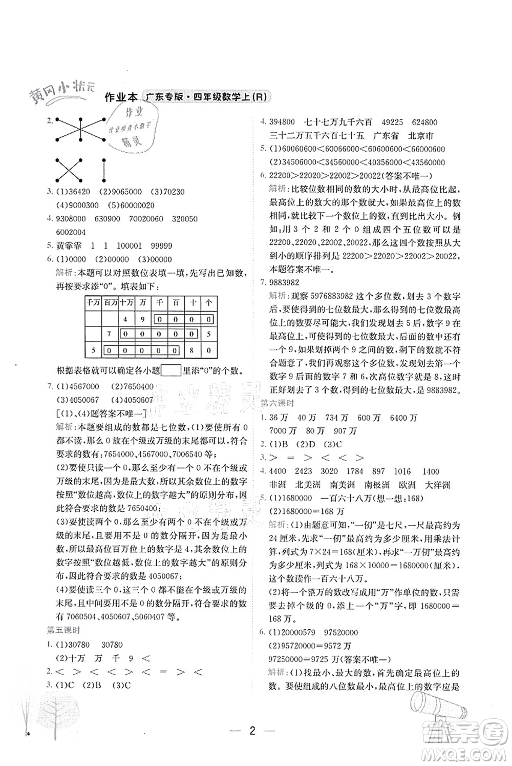 龍門書局2021黃岡小狀元作業(yè)本四年級數(shù)學(xué)上冊R人教版廣東專版答案