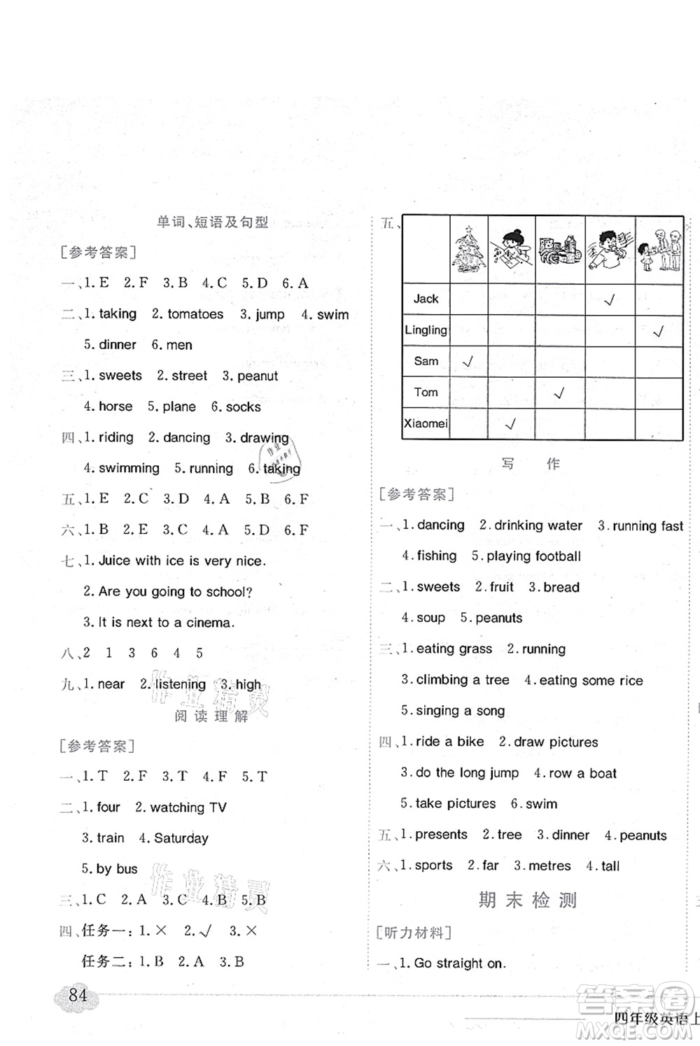 龍門書局2021黃岡小狀元作業(yè)本四年級(jí)英語上冊(cè)WY外研版答案