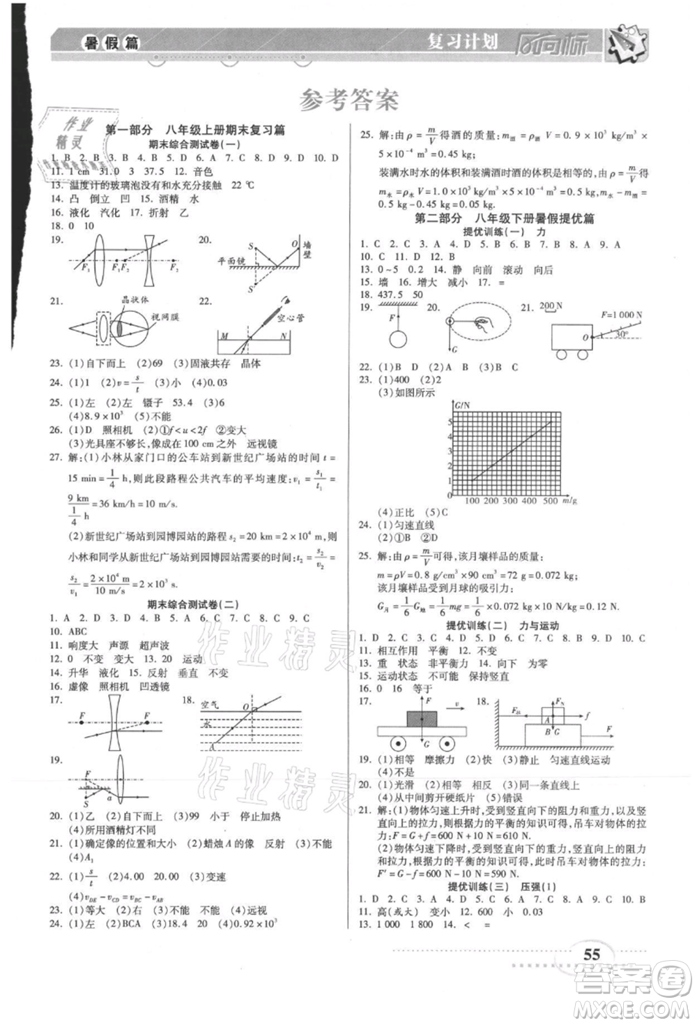 陽(yáng)光出版社2021復(fù)習(xí)計(jì)劃風(fēng)向標(biāo)期末暑假銜接八年級(jí)物理教科版參考答案