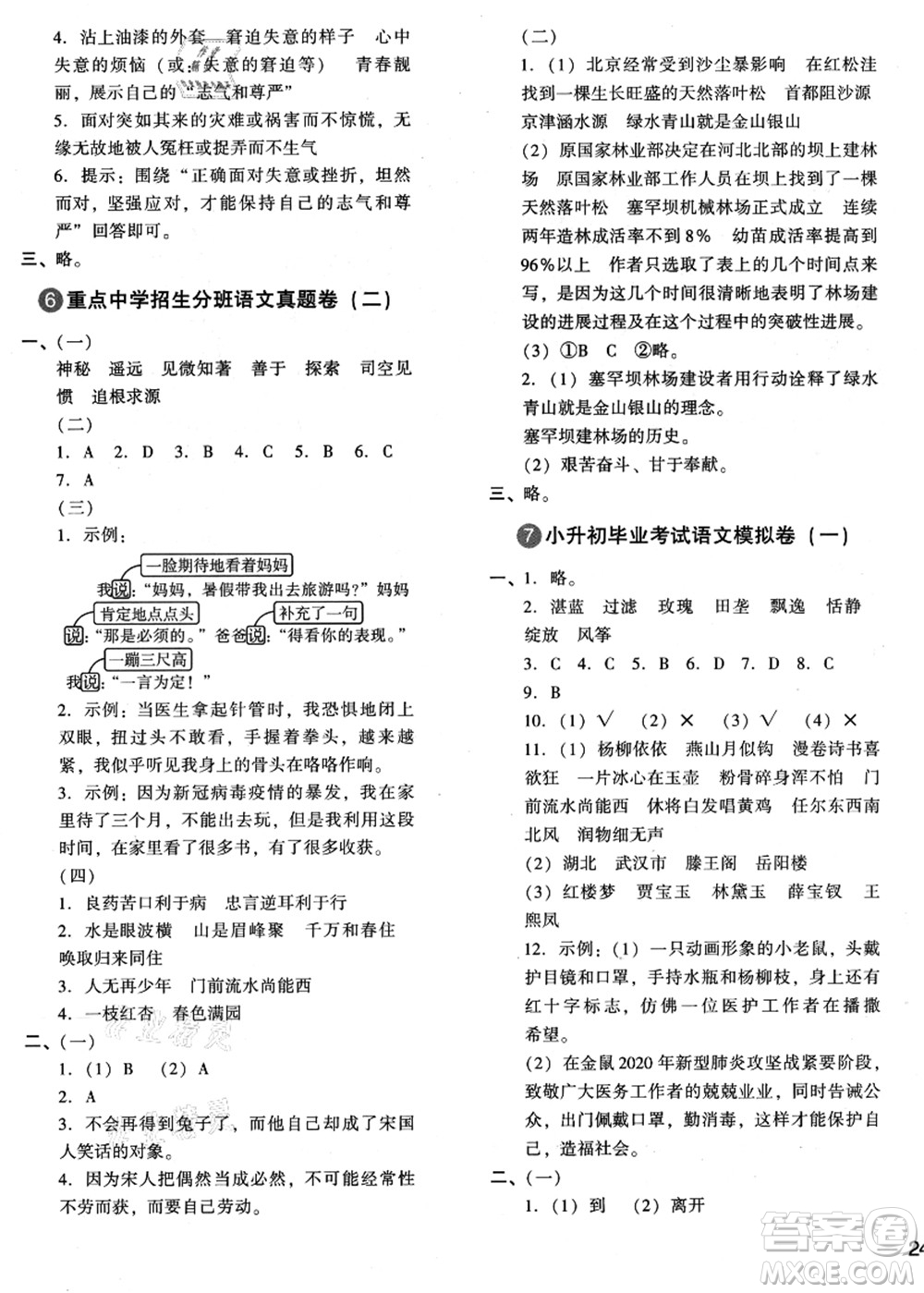 江蘇鳳凰少年兒童出版社2021小升初名師幫你總復(fù)習(xí)語文答案