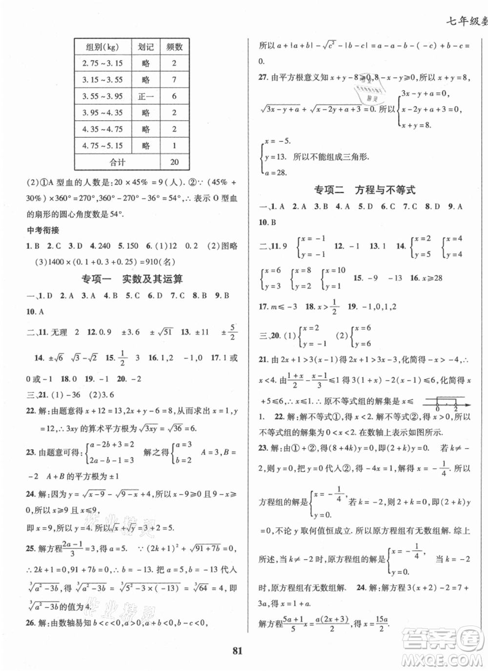 云南科技出版社2021復(fù)習(xí)大本營期末復(fù)習(xí)假期一本通七年級數(shù)學(xué)參考答案