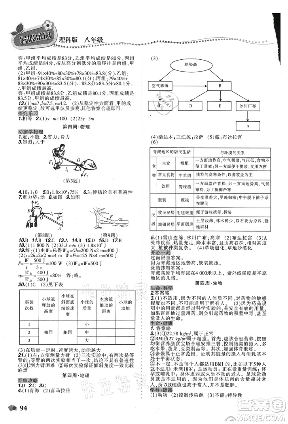 遼寧師范大學(xué)出版社2021暑假樂園八年級理科合訂本D版答案