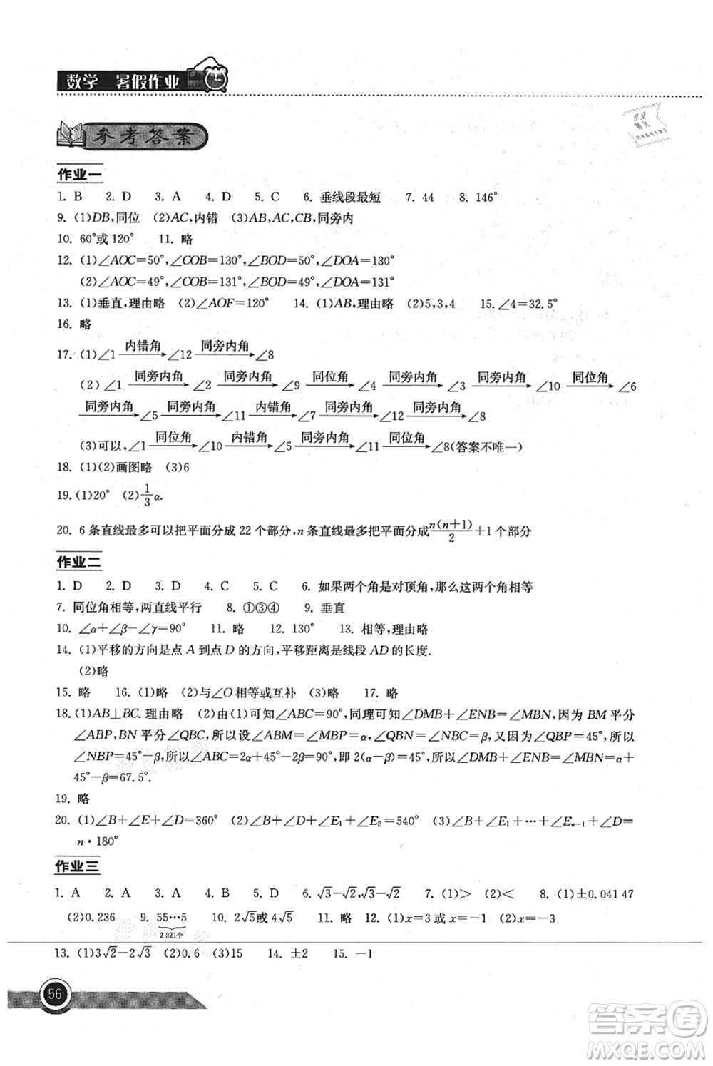 湖北教育出版社2021長江作業(yè)本暑假作業(yè)七年級數學通用版答案