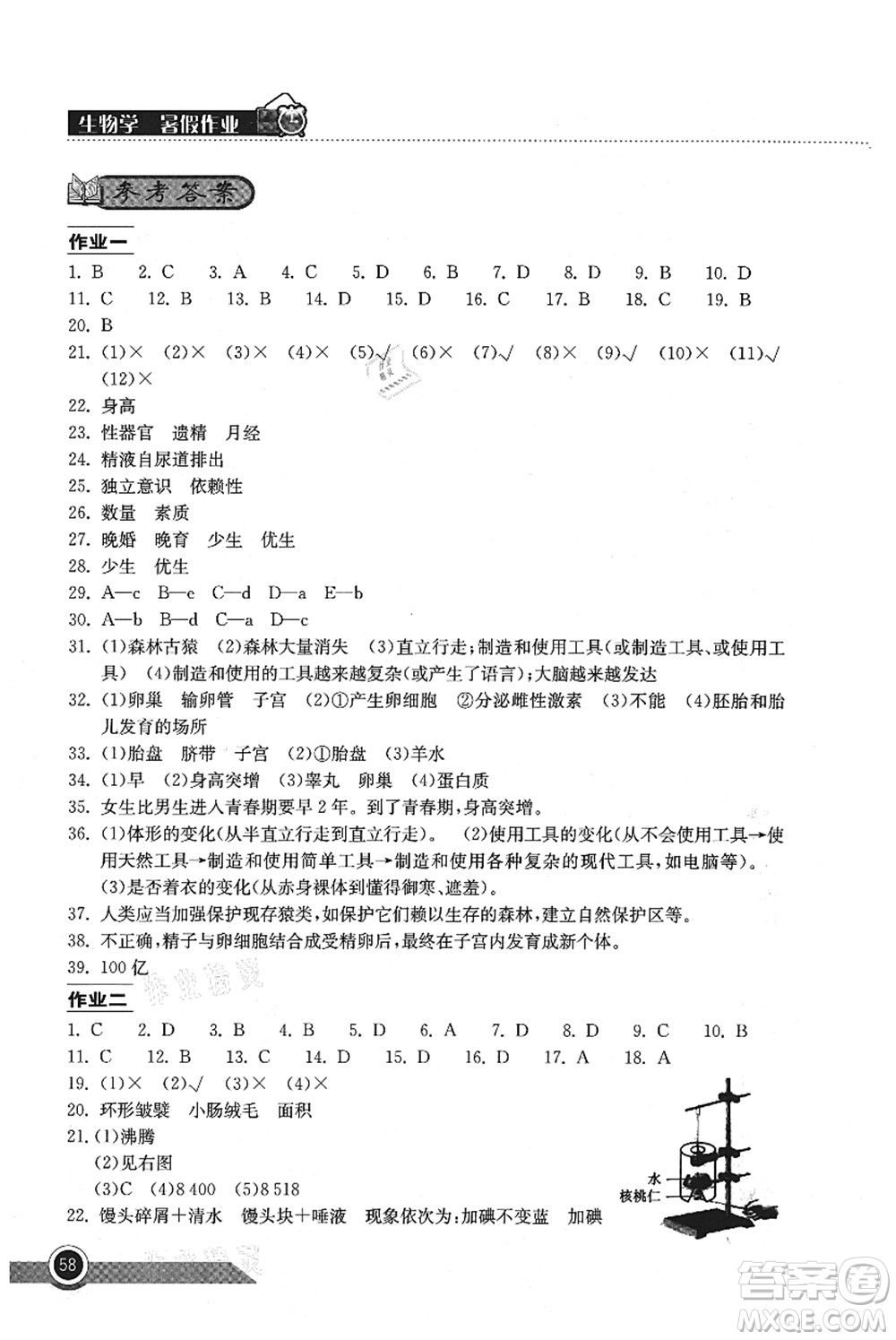 湖北教育出版社2021長江作業(yè)本暑假作業(yè)七年級生物通用版答案