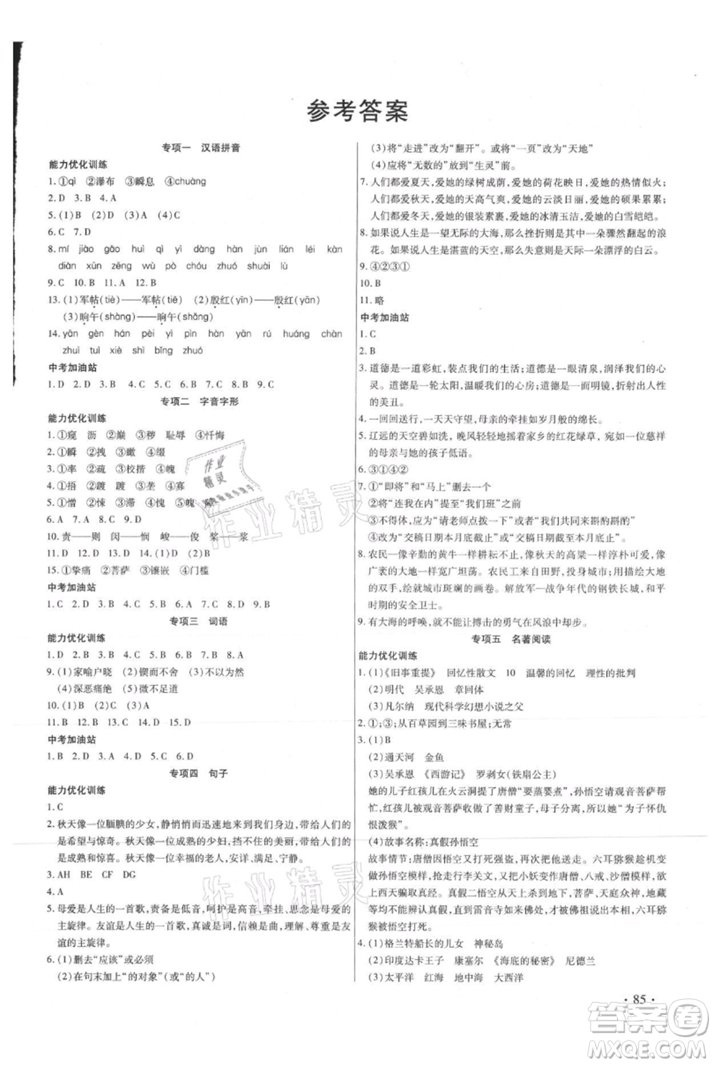 吉林教育出版社2021教材首選銜接教材年度復習七年級語文部編版參考答案