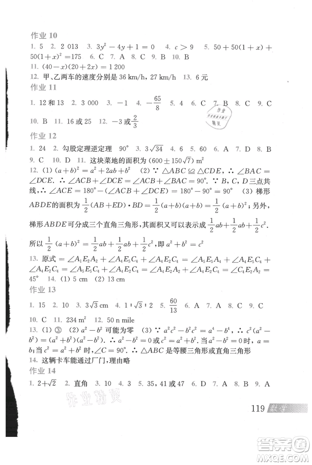 上?？茖W技術出版社2021暑假作業(yè)八年級數(shù)學滬教版參考答案