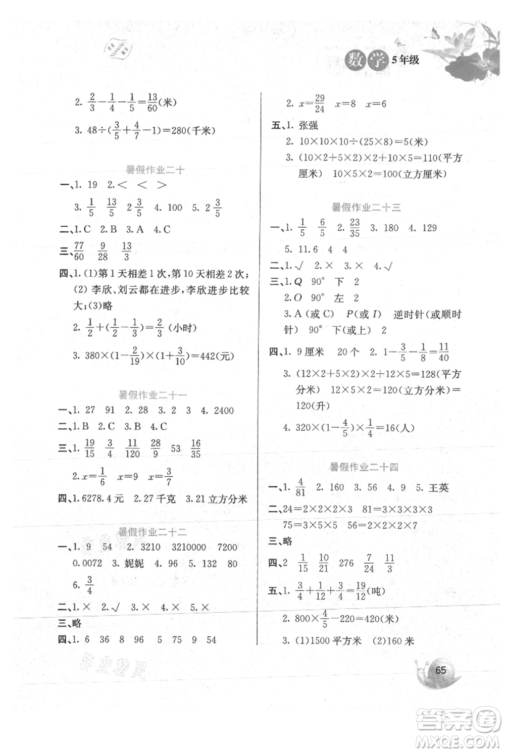 河北美術(shù)出版社2021暑假生活五年級(jí)數(shù)學(xué)冀教版參考答案