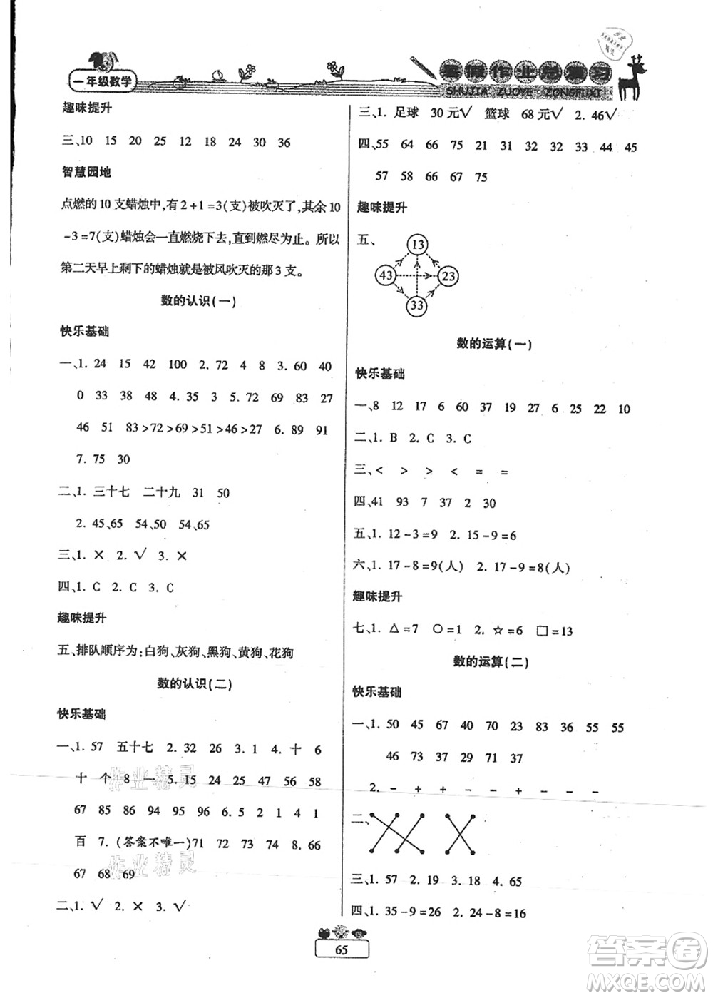 南方出版社2021快樂假期暑假作業(yè)總復(fù)習(xí)一年級數(shù)學(xué)RJ人教版答案