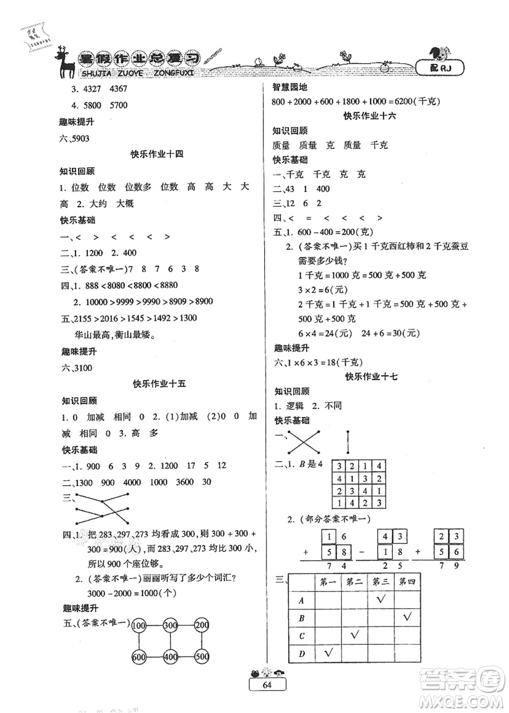 南方出版社2021快樂假期暑假作業(yè)總復(fù)習(xí)二年級(jí)數(shù)學(xué)RJ人教版答案