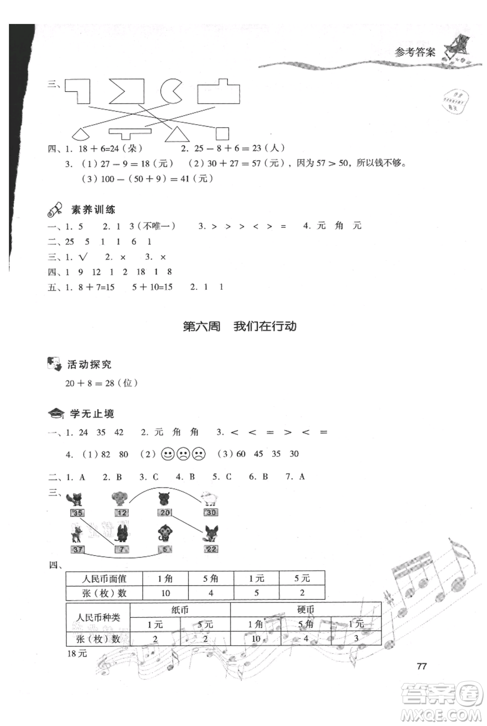 現(xiàn)代教育出版社2021暑假樂園一年級數(shù)學人教版參考答案