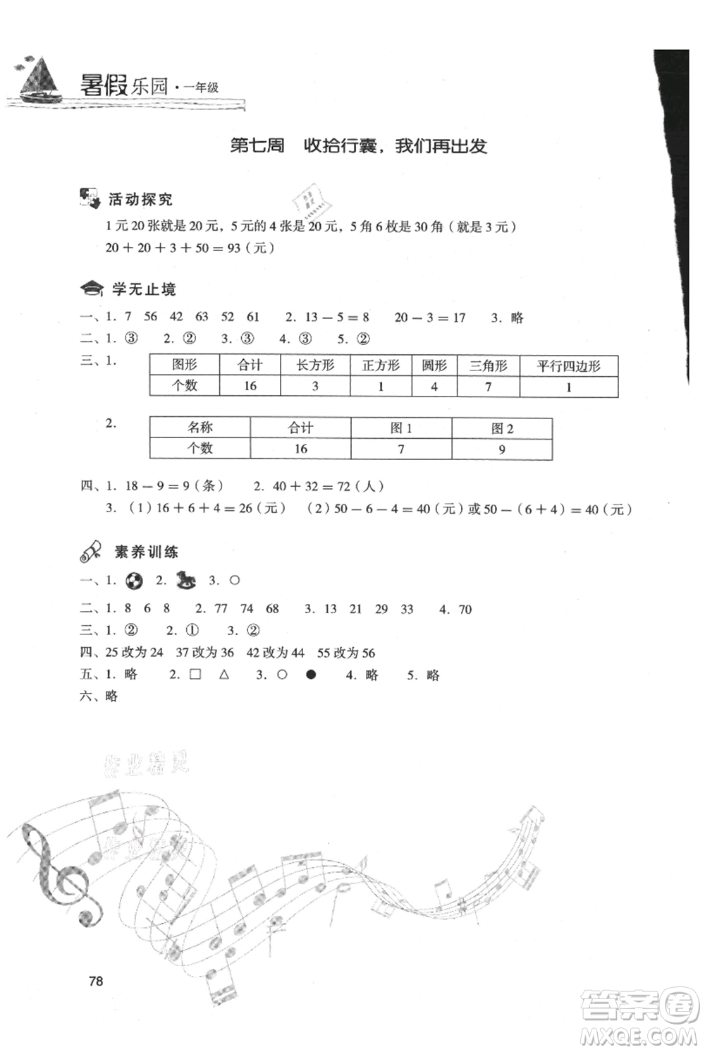 現(xiàn)代教育出版社2021暑假樂園一年級數(shù)學人教版參考答案