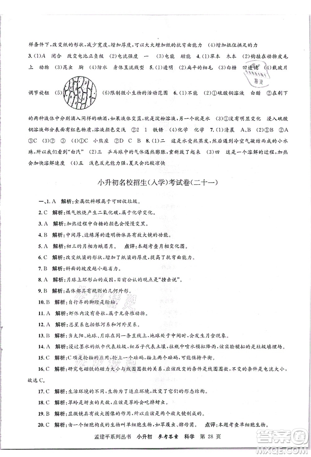 浙江工商大學(xué)出版社2021孟建平系列叢書小升初名校招生(入學(xué))考試卷科學(xué)答案