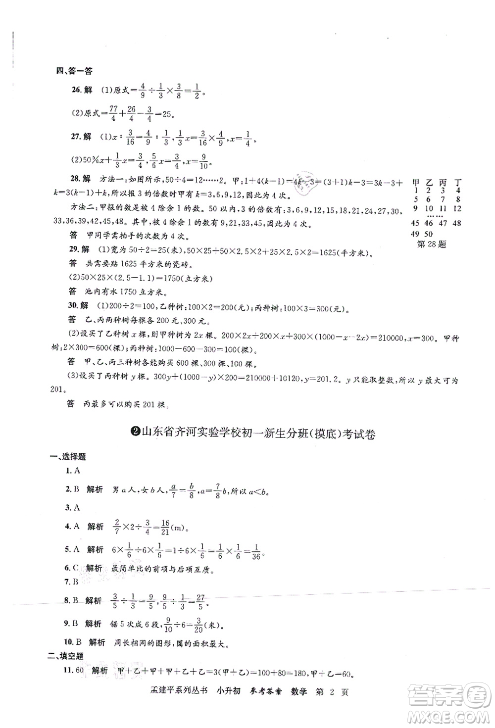 浙江工商大學(xué)出版社2021孟建平系列叢書小升初名校初一新生分班(摸底)考試卷數(shù)學(xué)答案