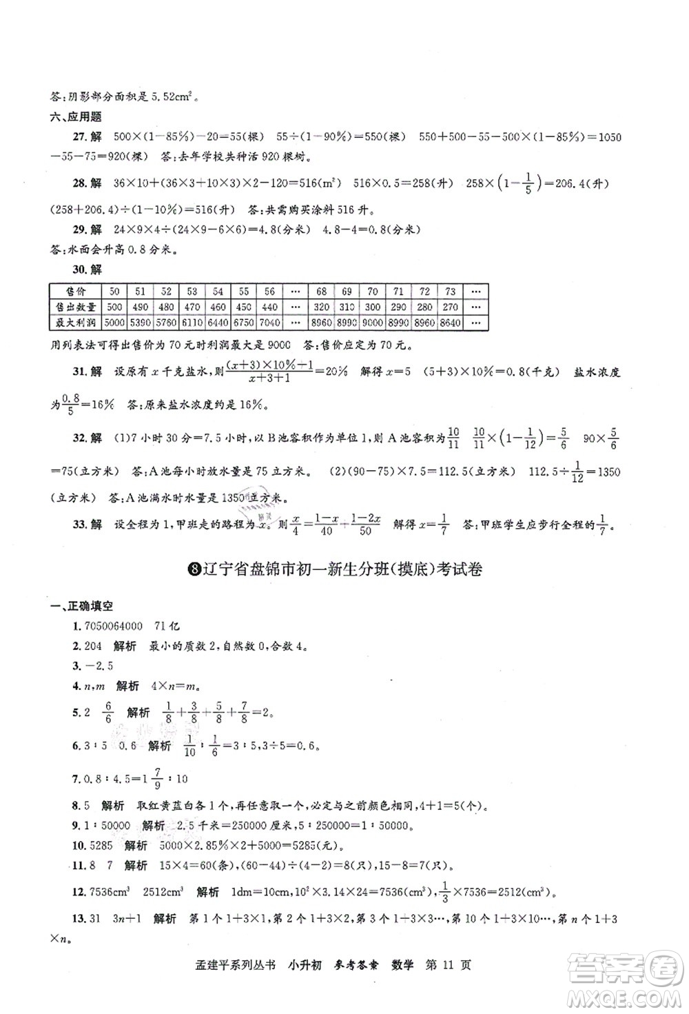 浙江工商大學(xué)出版社2021孟建平系列叢書小升初名校初一新生分班(摸底)考試卷數(shù)學(xué)答案