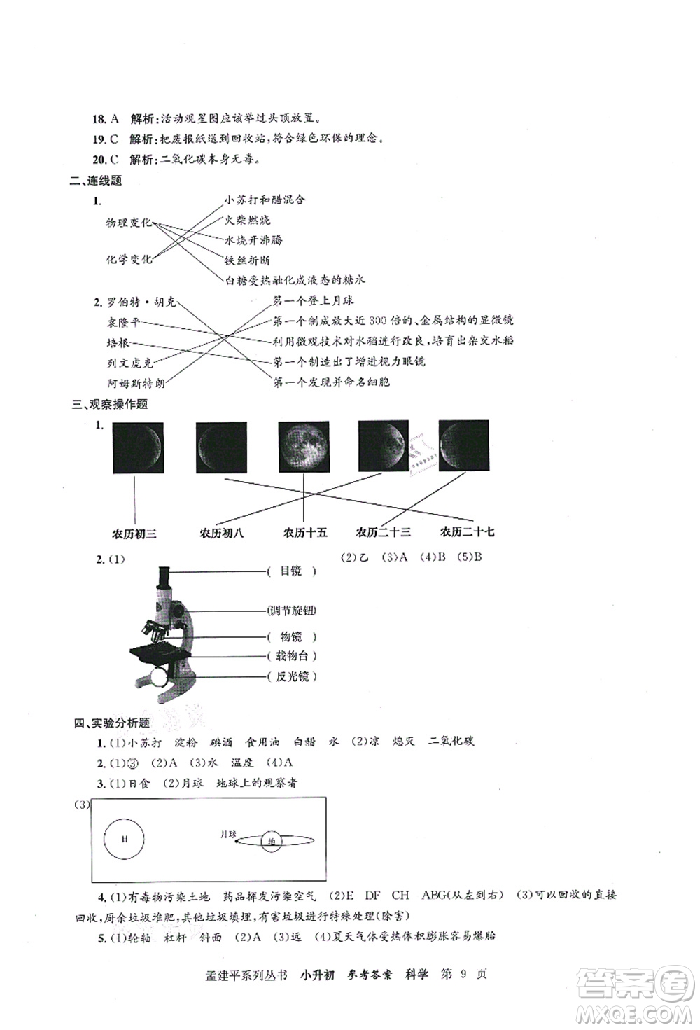 浙江工商大學(xué)出版社2021孟建平系列叢書小升初名校初一新生分班(摸底)考試卷科學(xué)答案