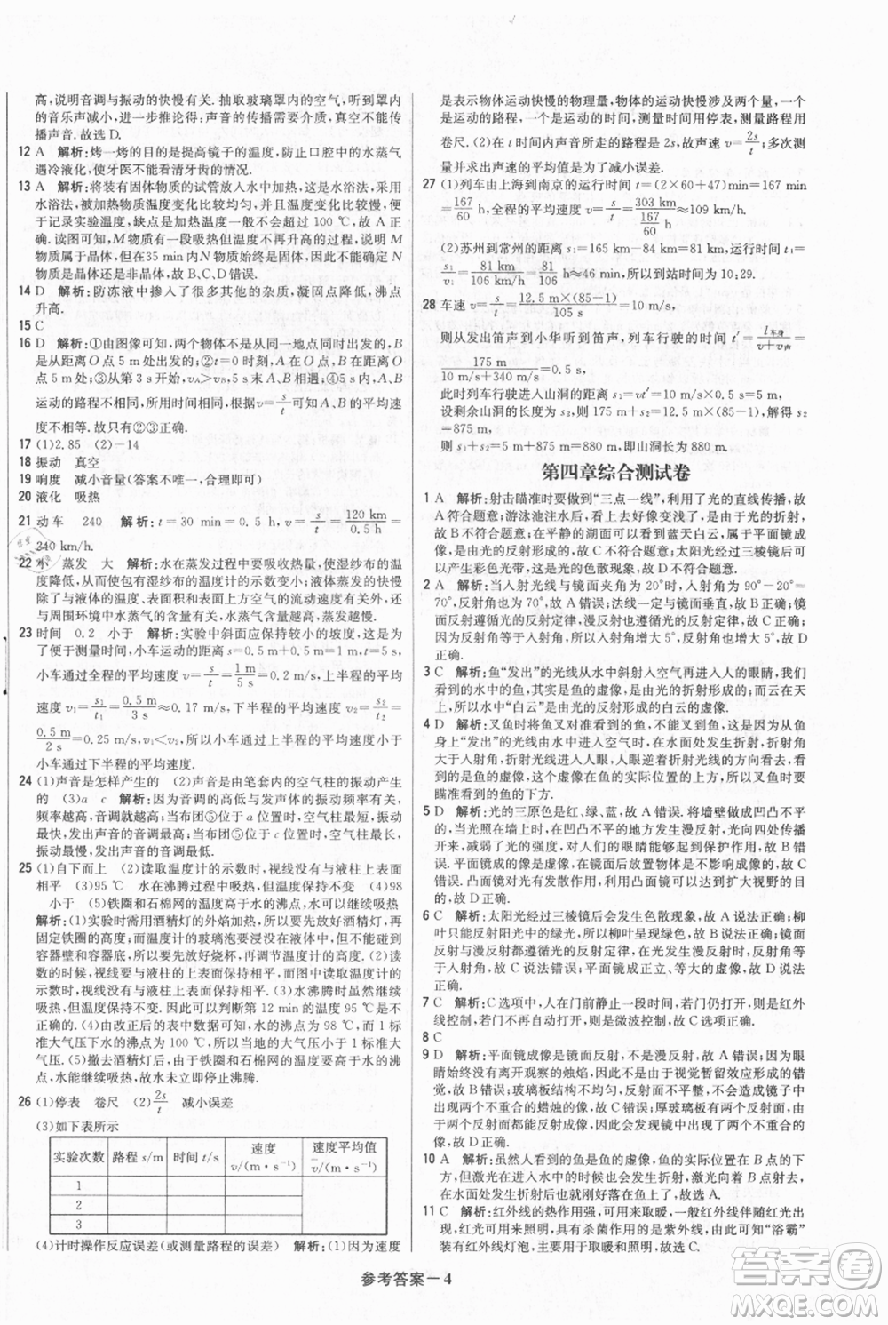 北京教育出版社2021年1+1輕巧奪冠優(yōu)化訓(xùn)練八年級上冊物理人教版參考答案