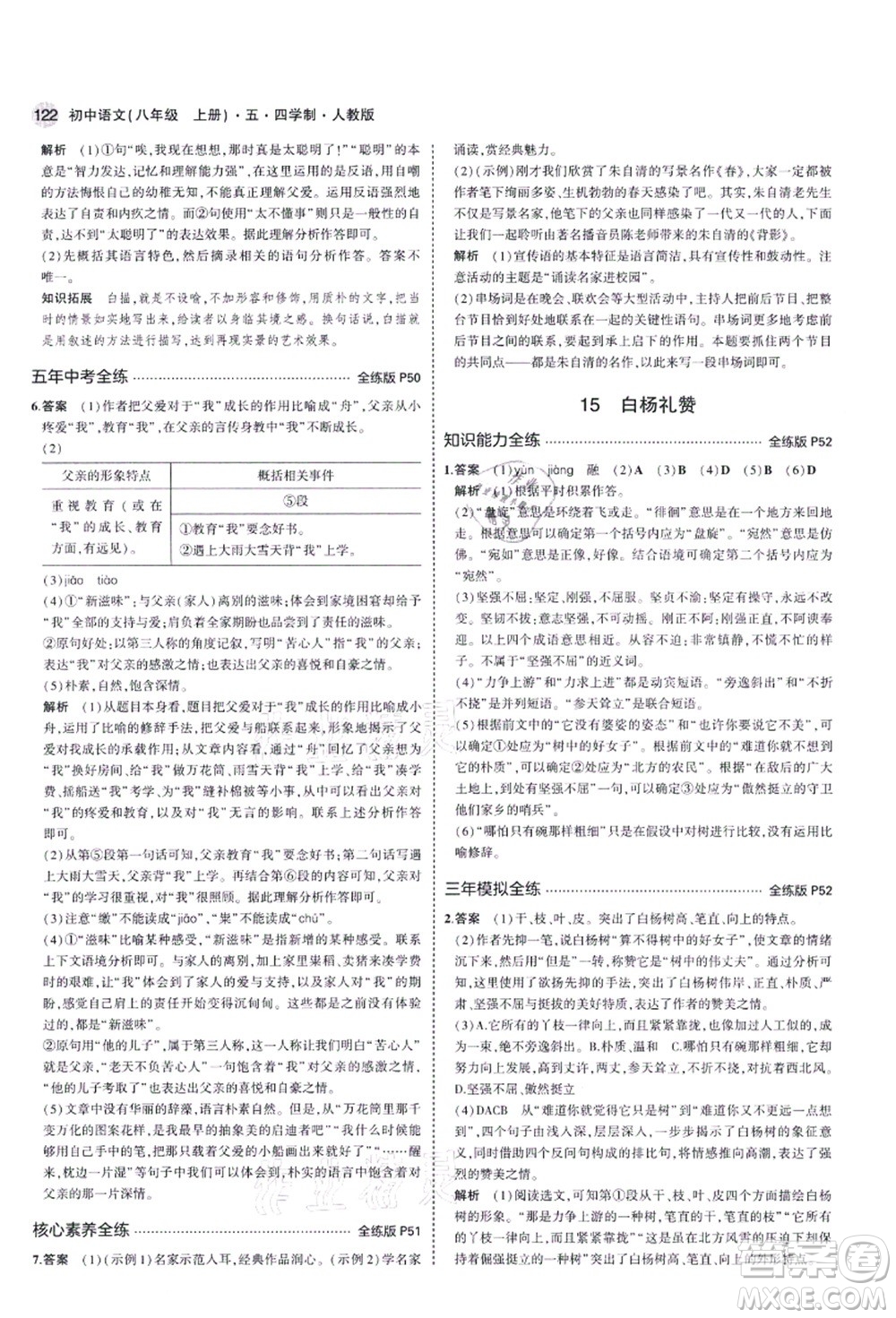 教育科學(xué)出版社2021秋5年中考3年模擬八年級(jí)語(yǔ)文上冊(cè)人教版五四學(xué)制答案