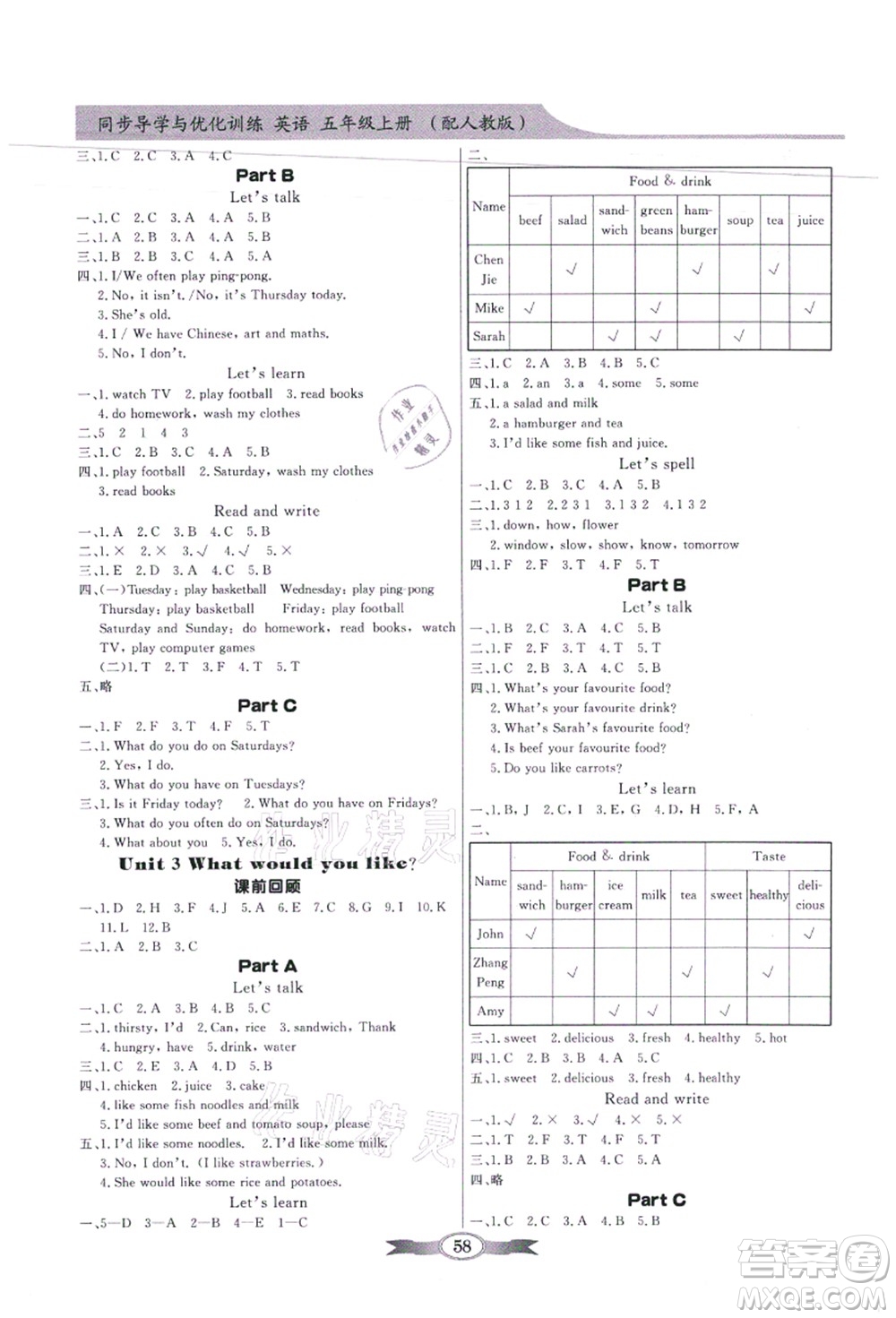 新世紀出版社2021同步導學與優(yōu)化訓練五年級英語上冊人教PEP版答案