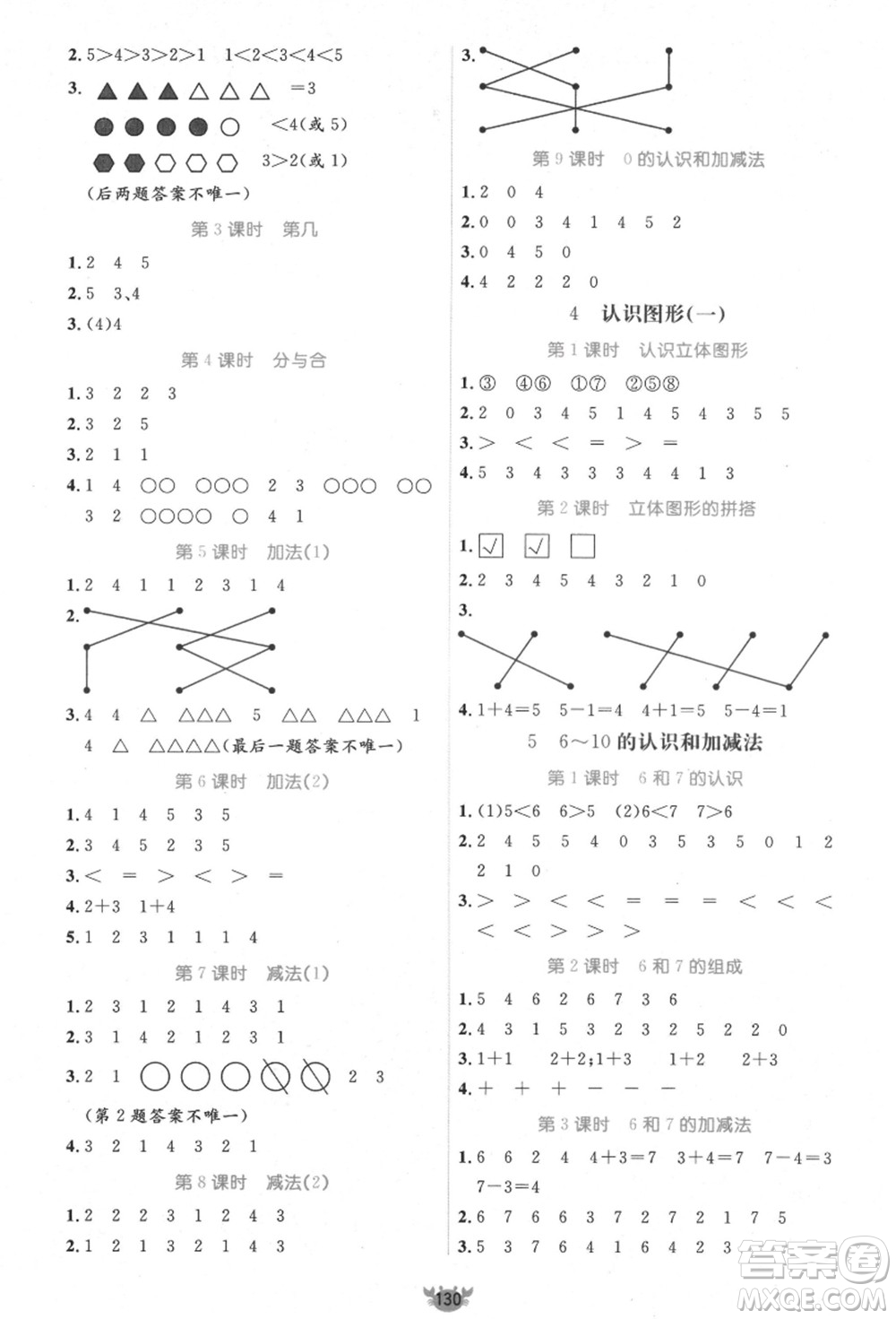 新疆青少年出版社2021秋原創(chuàng)新課堂一年級(jí)數(shù)學(xué)上冊(cè)RJ人教版答案