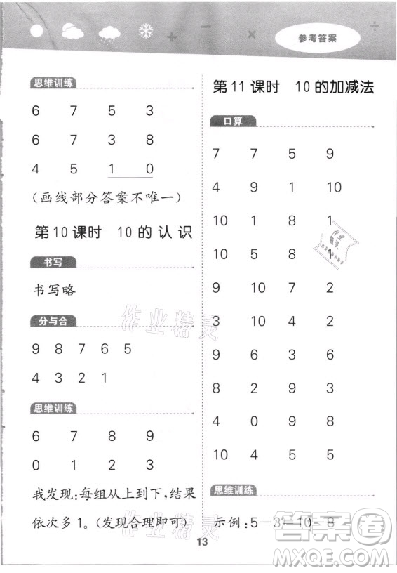 教育科學(xué)出版社2021秋季小兒郎小學(xué)口算大通關(guān)數(shù)學(xué)一年級上冊人教版答案