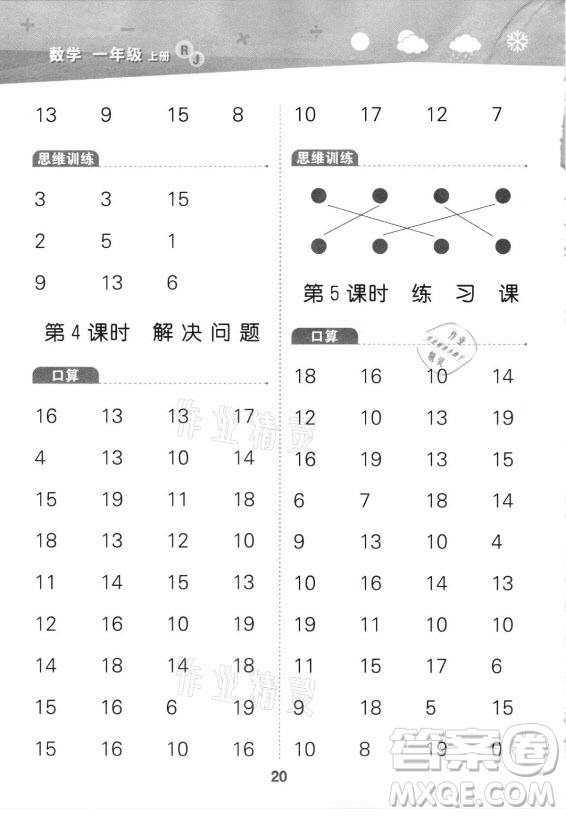 教育科學(xué)出版社2021秋季小兒郎小學(xué)口算大通關(guān)數(shù)學(xué)一年級上冊人教版答案