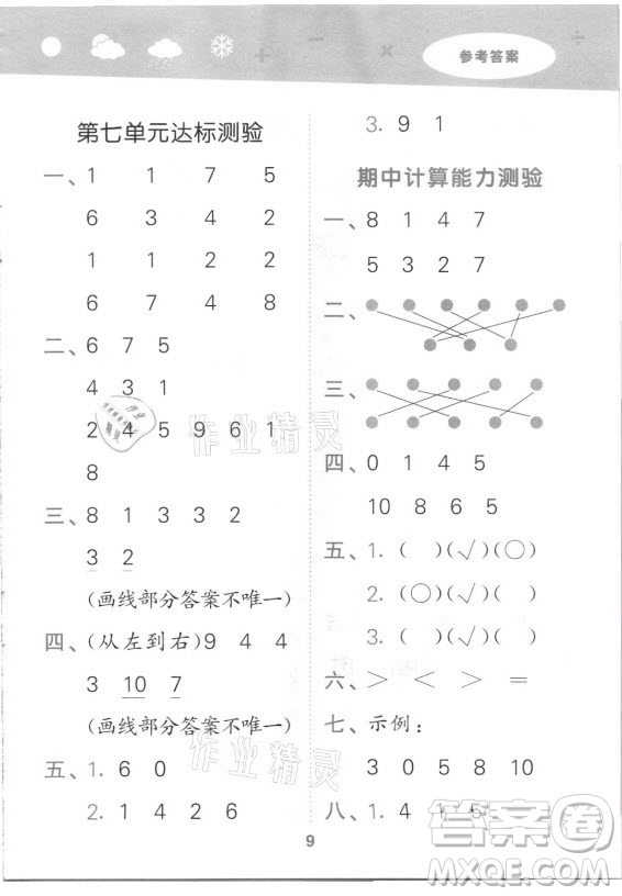 地質(zhì)出版社2021秋季小兒郎小學口算大通關數(shù)學一年級上冊蘇教版答案