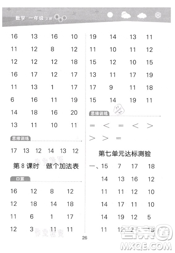 地質(zhì)出版社2021秋季小兒郎小學(xué)口算大通關(guān)數(shù)學(xué)一年級上冊北師大版答案