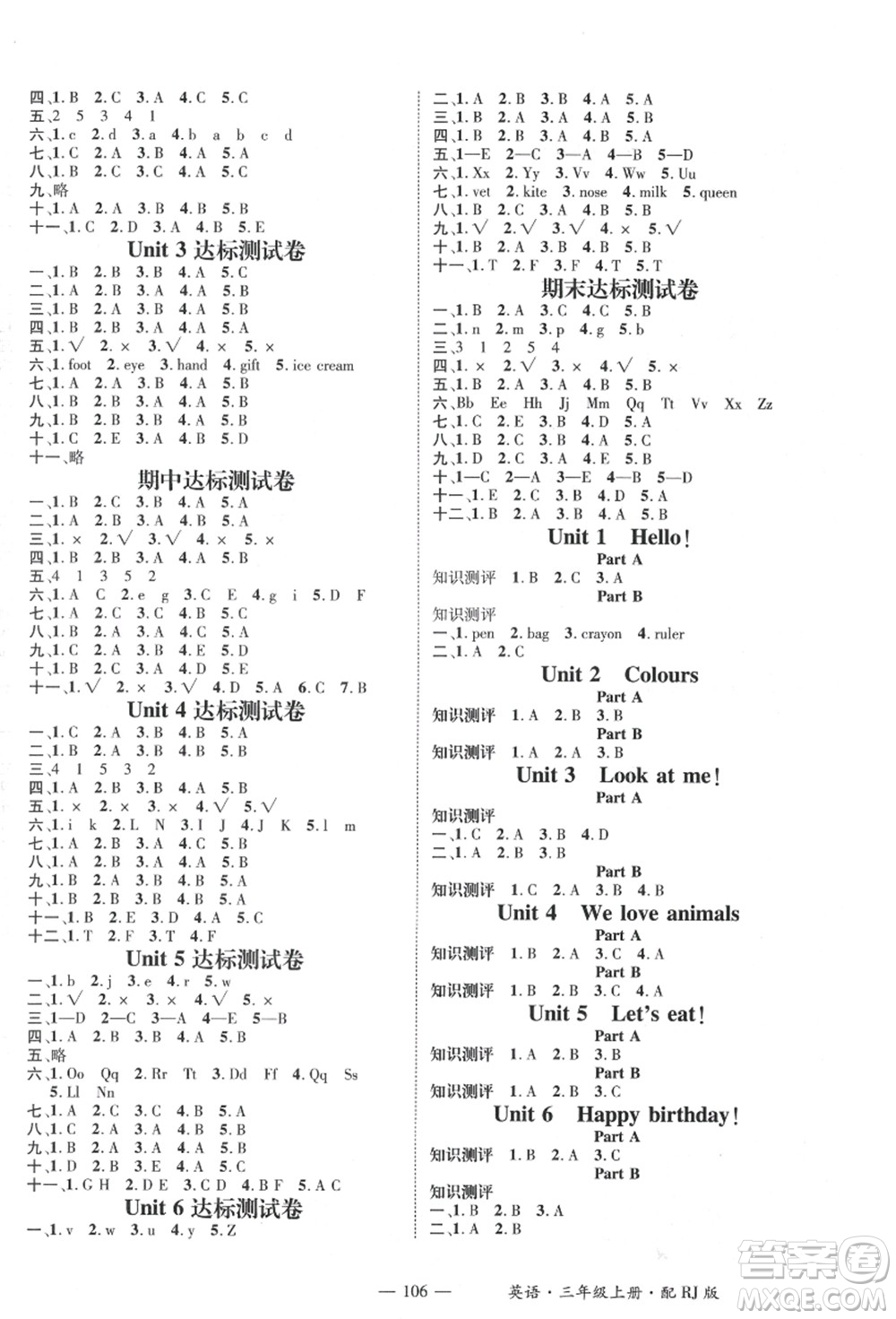 江西教育出版社2021秋季名師測(cè)控三年級(jí)英語(yǔ)上冊(cè)RJ人教版答案