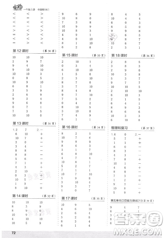 江蘇鳳凰少年兒童出版社2021口算小狀元口算速算天天練小學數學一年級上冊人教版答案