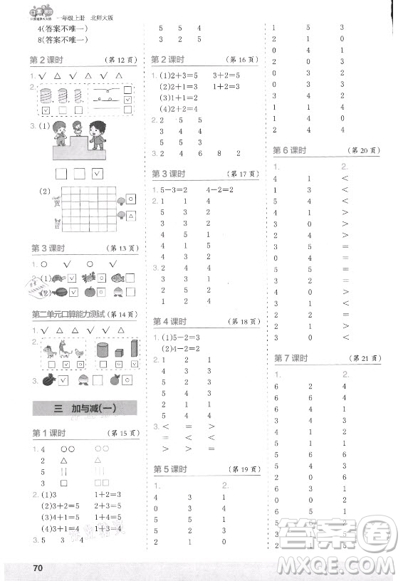 江蘇鳳凰少年兒童出版社2021口算小狀元口算速算天天練小學(xué)數(shù)學(xué)一年級(jí)上冊(cè)北師大版答案