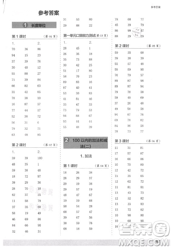 江蘇鳳凰少年兒童出版社2021口算小狀元口算速算天天練小學(xué)數(shù)學(xué)二年級上冊人教版答案