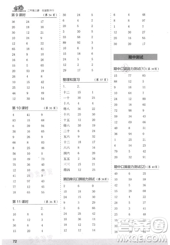 江蘇鳳凰少年兒童出版社2021口算小狀元口算速算天天練小學(xué)數(shù)學(xué)二年級上冊人教版答案