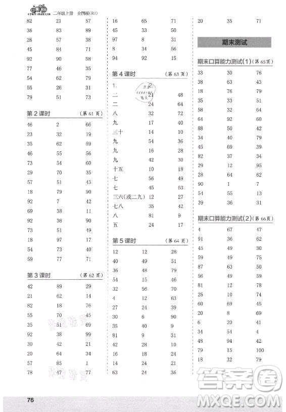 江蘇鳳凰少年兒童出版社2021口算小狀元口算速算天天練小學(xué)數(shù)學(xué)二年級上冊人教版答案