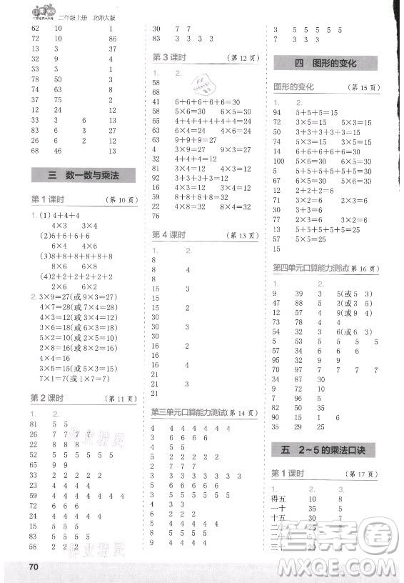 江蘇鳳凰少年兒童出版社2021口算小狀元口算速算天天練小學(xué)數(shù)學(xué)二年級(jí)上冊(cè)北師大版答案