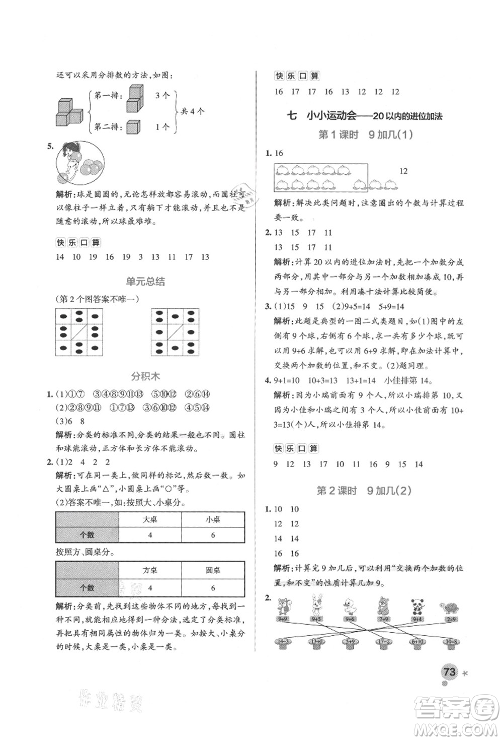 遼寧教育出版社2021秋季小學學霸作業(yè)本一年級數(shù)學上冊QD青島版答案