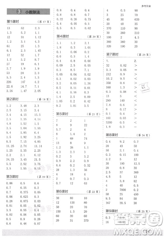 江蘇鳳凰少年兒童出版社2021口算小狀元口算速算天天練小學(xué)數(shù)學(xué)五年級上冊人教版答案