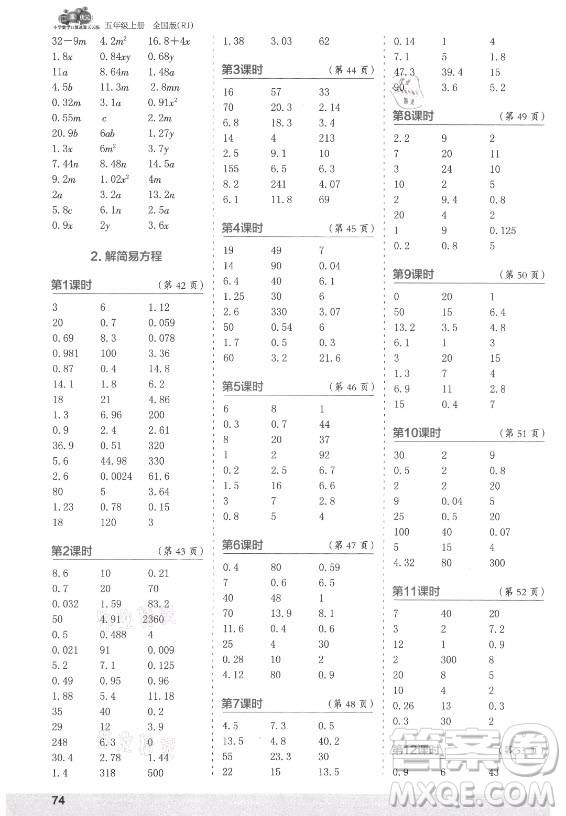 江蘇鳳凰少年兒童出版社2021口算小狀元口算速算天天練小學(xué)數(shù)學(xué)五年級上冊人教版答案