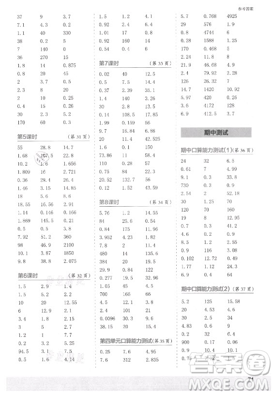 江蘇鳳凰少年兒童出版社2021口算小狀元口算速算天天練小學數(shù)學五年級上冊北師大版答案