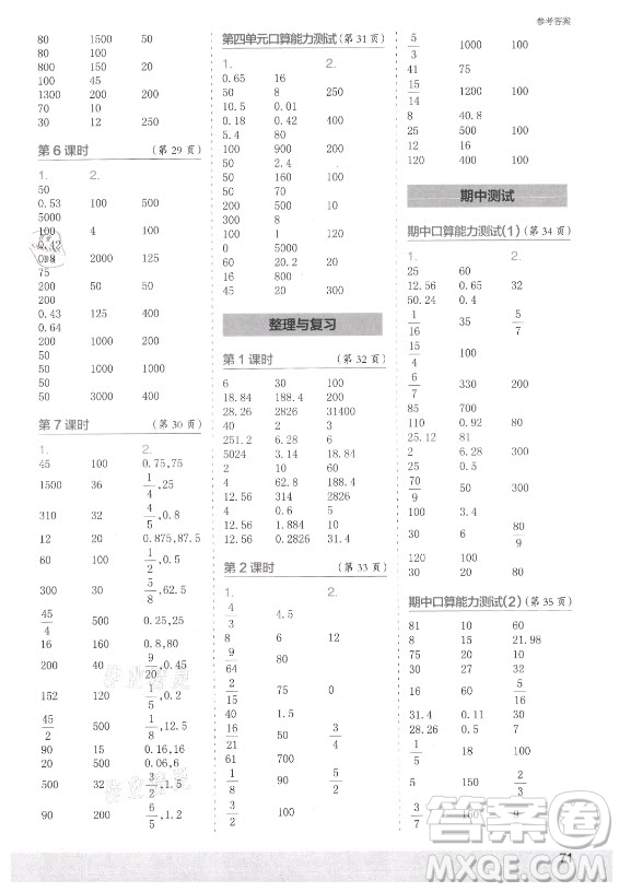 江蘇鳳凰少年兒童出版社2021口算小狀元口算速算天天練小學(xué)數(shù)學(xué)六年級上冊北師大版答案